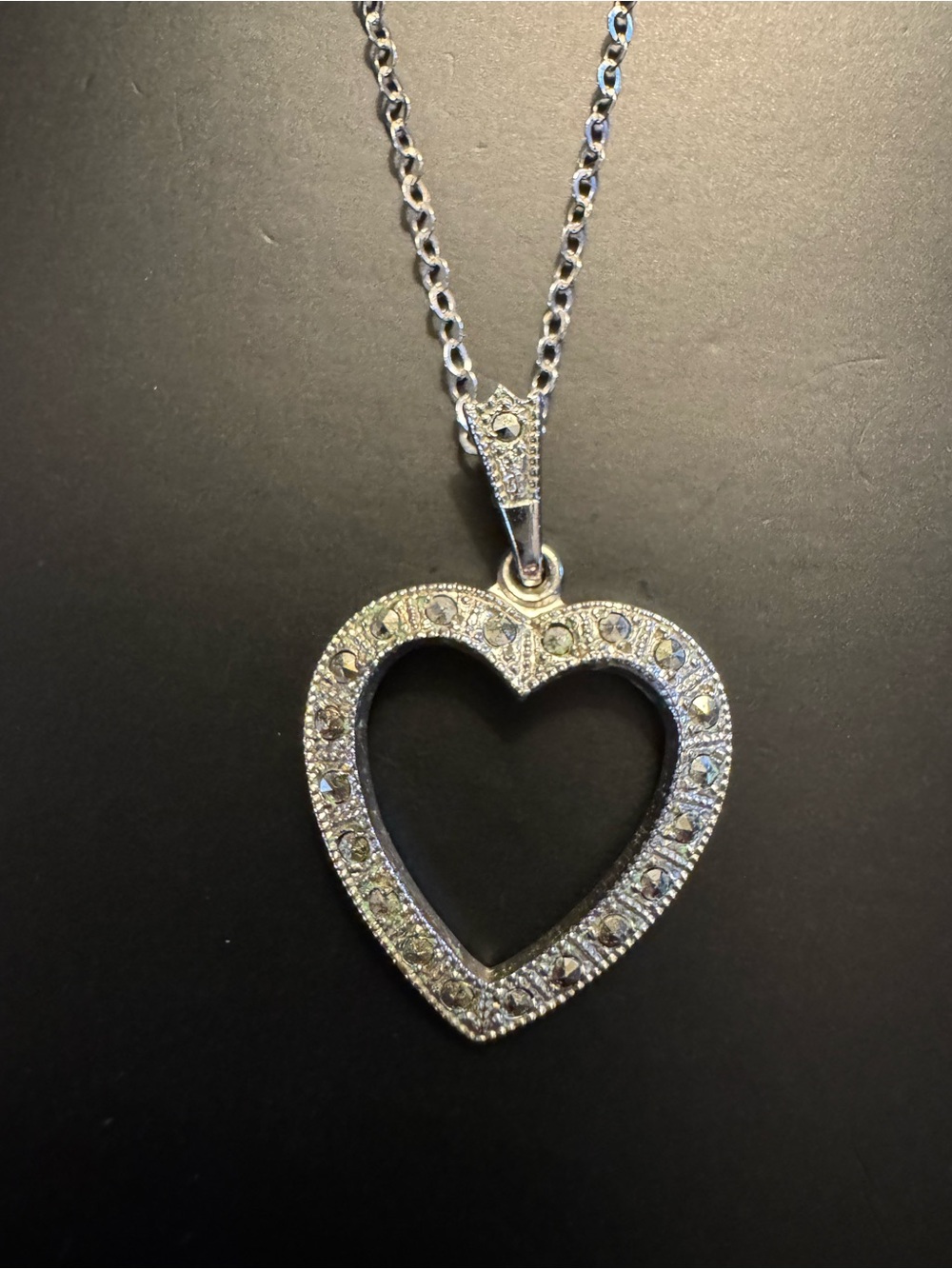 Vintage THEDA Sterling Silver Marcasite Open Heart Necklace 18”